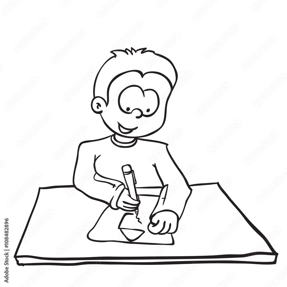 simple black nad white little boy drawing a house