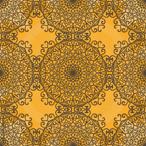 Ornamental seamless pattern on yellow texture. Endless vector template can be used for wallpaper, pattern fills, textile, fabric, wrapping paper, surface textures. Ottoman style design.