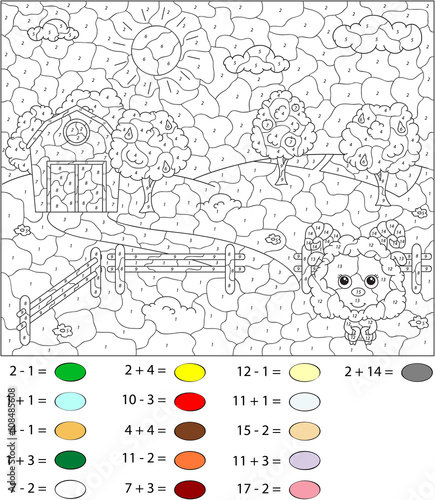 Rural landscape with sheep, barn, corrals, fruit-trees and field