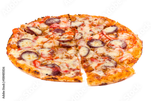 Pizza with cheese and ham isolated on white