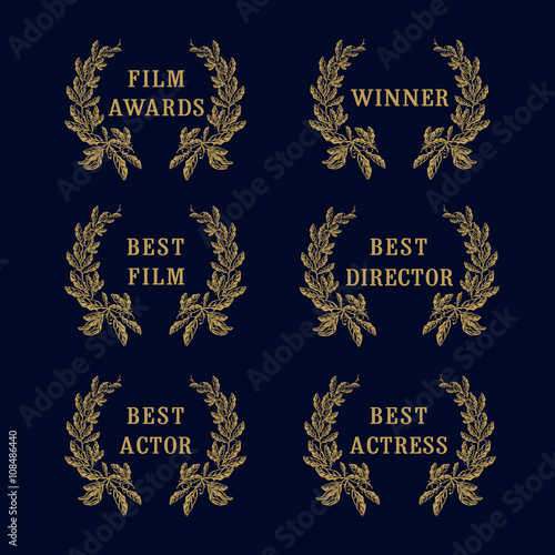 Film awards laurel logo. Film awards and best nominee gold award wreathed with laurel as a mark of honor on dark background 