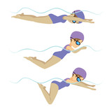 Set with athlete woman swimming breaststroke stroke on various different poses training