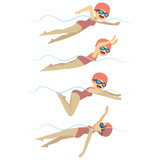 Set with athlete woman swimming in different stroke styles training