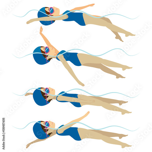 Set with athlete woman swimming backstroke stroke on various different poses training