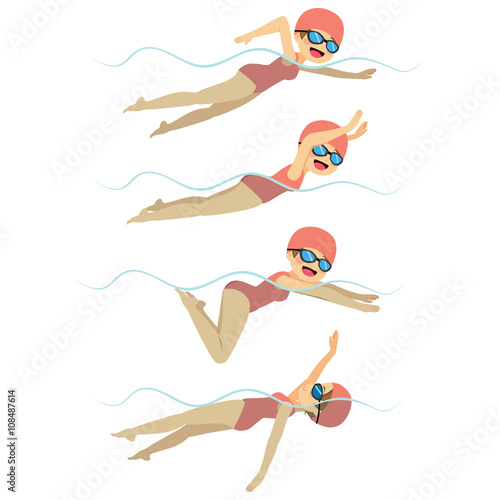 Set with athlete woman swimming in different stroke styles training
