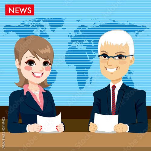 Male and female newcaster anchors reporting tv news sitting in a studio