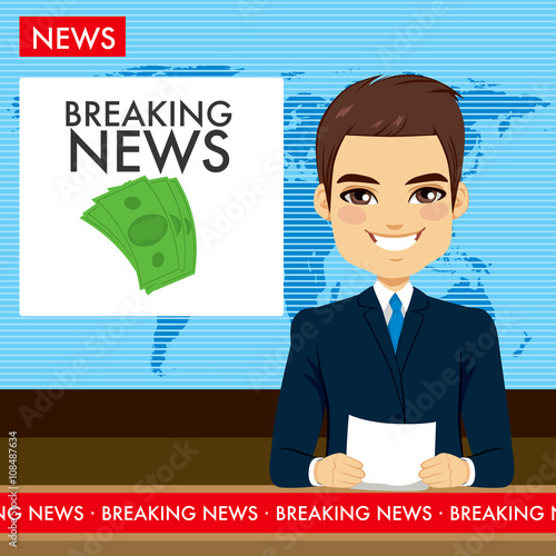 Attractive young tv newscaster man reporting breaking news sitting in a studio