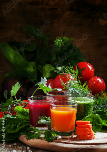 Set of vegetable juice in glasses: beetroot, tomato, spinach, ca