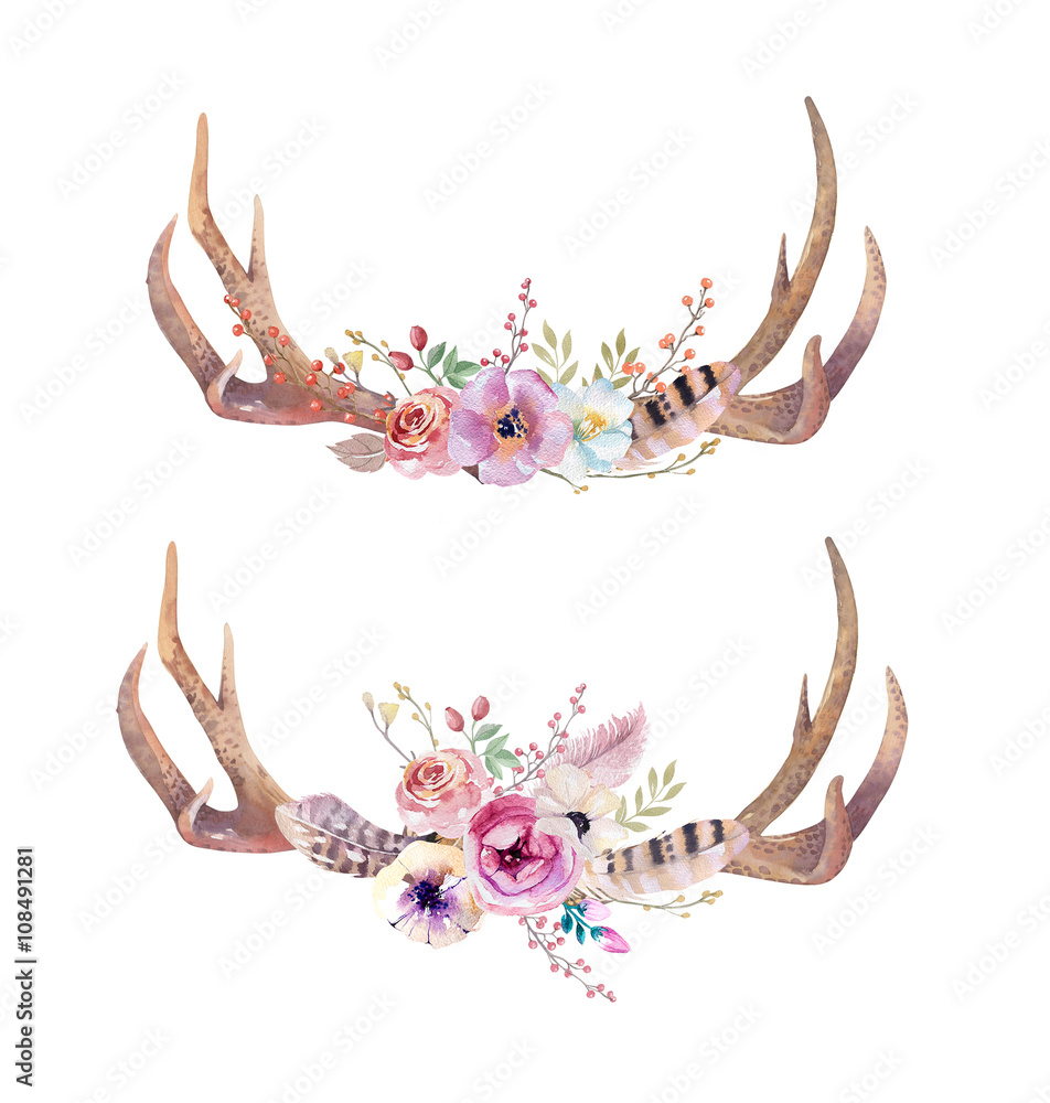 Naklejka premium Watercolor bohemian deer horns. Western mammals. Watercolour hip