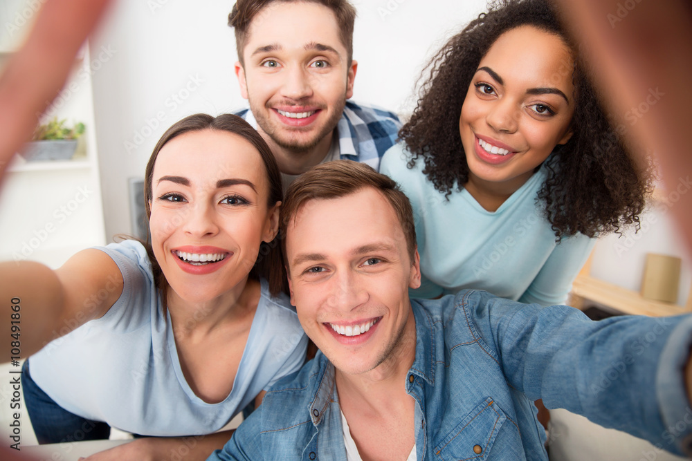 Positive friend making photos