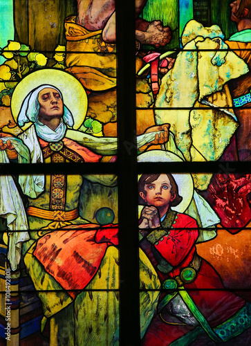 Obraz na plátne Stained Glass in Prague Cathedral by Alphonse Mucha