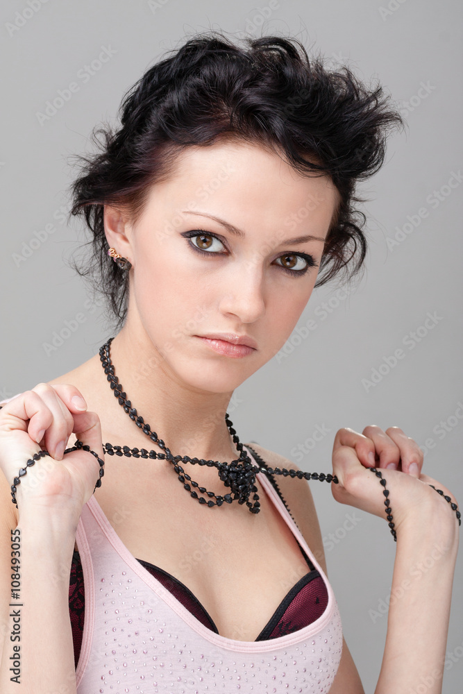 closeup portrait of young dreamy woman