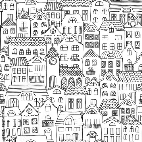 Hand drawn seamless pattern of a city with cute houses and a little church © Franzi draws