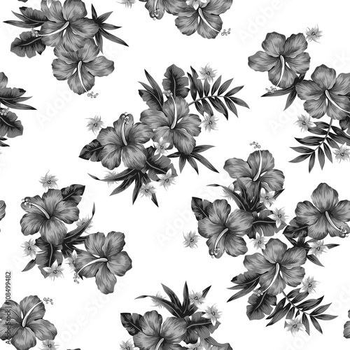 Grey Tropical Flowers Seamless Pattern