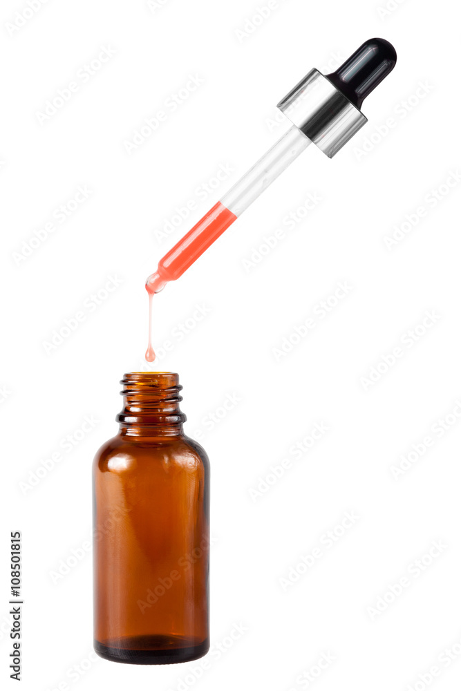 Brown medicine glass bottle with dropper and red liquid inside over white background Brown medicine glass bottle with dropper and red liquid inside over white background