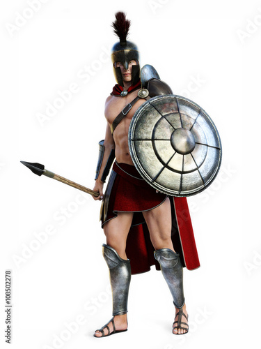 Foto The Spartan , Full length illustration of a Spartan in Battle dress posing on a white background