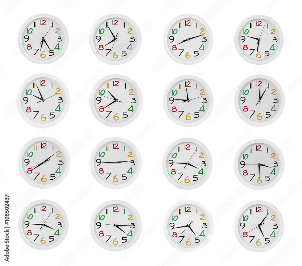 Naklejka premium Collage of round wall clocks, isolated on white