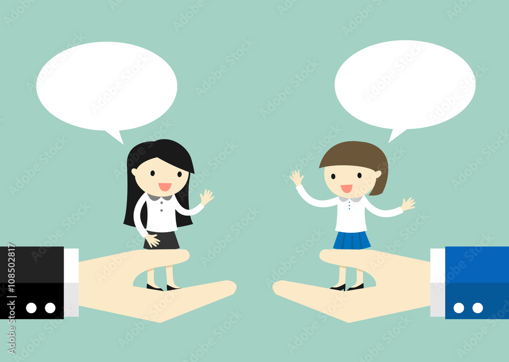 Business concept, Business women standing on the big hand and talking to each other. Vector illustration. Business concept, Business women standing on the big hand and talking to each other. Vector illustration.