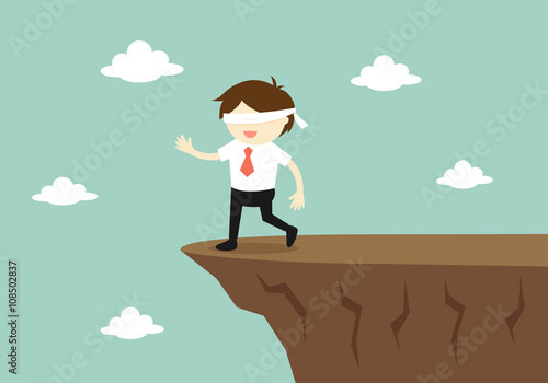 Business concept, Blindfolded businessman is walking to the cliff. Vector illustration.