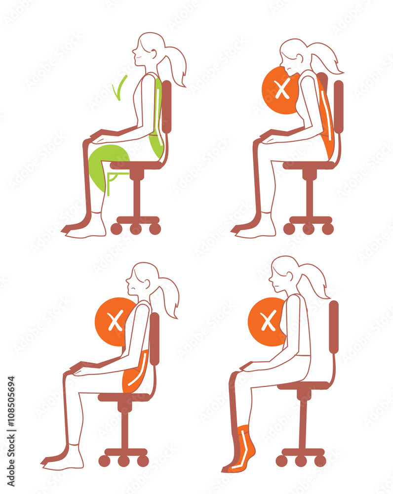 Sitting positions. Correct and bad sitting position, back pain, bitmap illustration