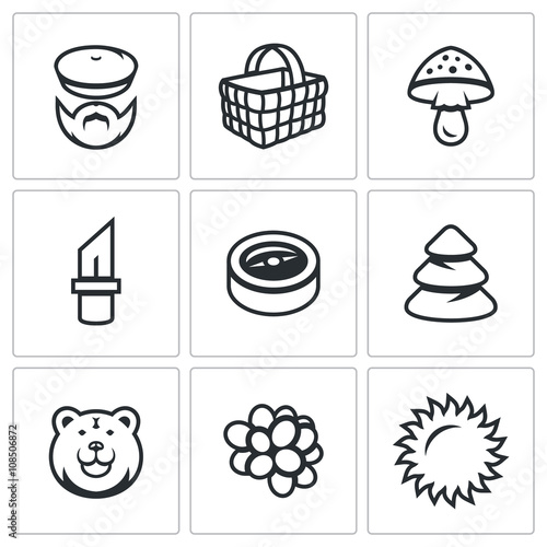 Vector Set of Gathering in the Forest Icons. Mushroomer, Basket, Mushroom, Tool, Orientation, Forest, Predator, Fruit, Weather.