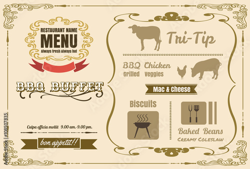 Vintage BBQ party menu poster design with  meat, beef. chicken ,