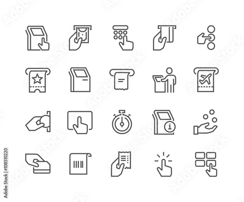 Simple Set of Kiosk Terminal Related Vector Line Icons. Contains such Icons as Choosing Options, Getting receipt, Printing tickets and more. Editable stroke. 48x48 Pixel Perfect. 