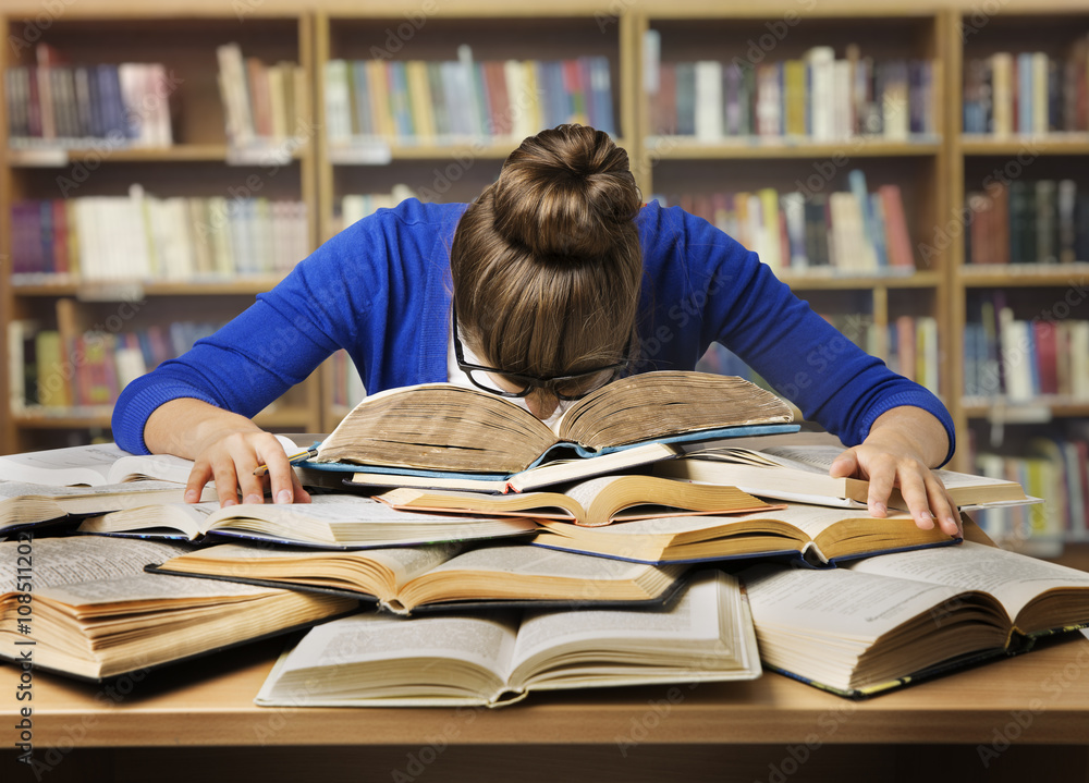 Student Studying Hard Exam, Sleeping on Books Read in Library - obrazy, fototapety, plakaty 