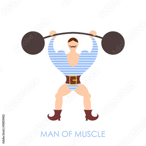 The flat image of a circus strongman with barbell on a white bac