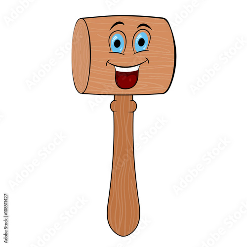 Funny Wooden Mallet on a white background. Cartoon drawing. Vect