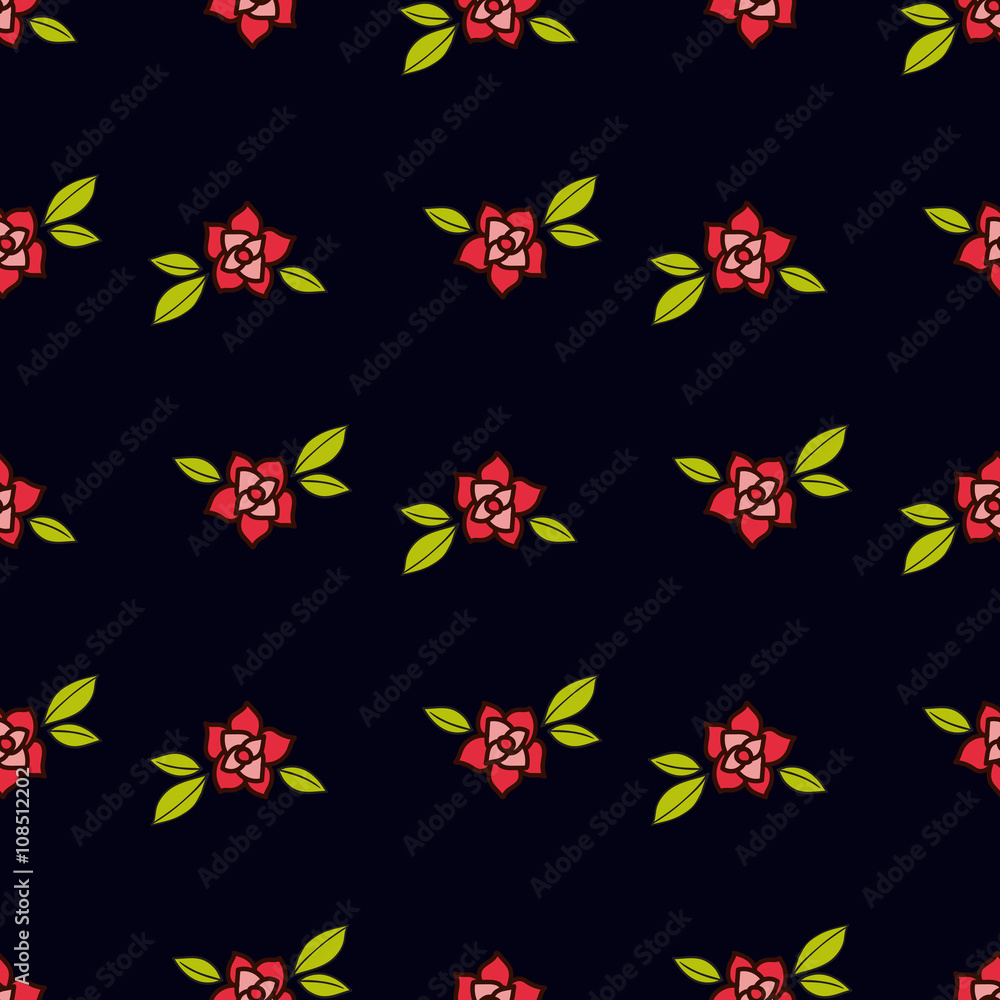 Roses in the old style tattoo. Floral pink seamless pattern on a black background