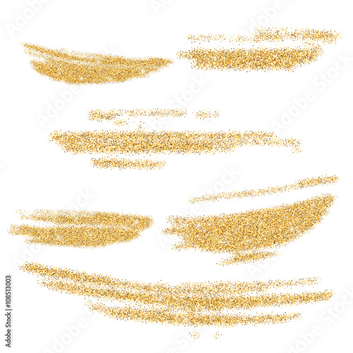 Vector gold paint smears set. Gold glitter element on white background. Gold shiny paint stroke. Abstract gold glitter dust. Gold glittering paint stains.