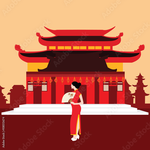 china traditional home house temple red with chinese woman standing in front