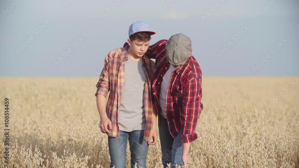 Father and son walking together in the wheat meadow and talking about their farm Father and son walking together in the wheat meadow and talking about their farm