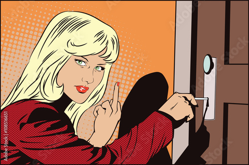 Girl shows rude gesture, opening the door.