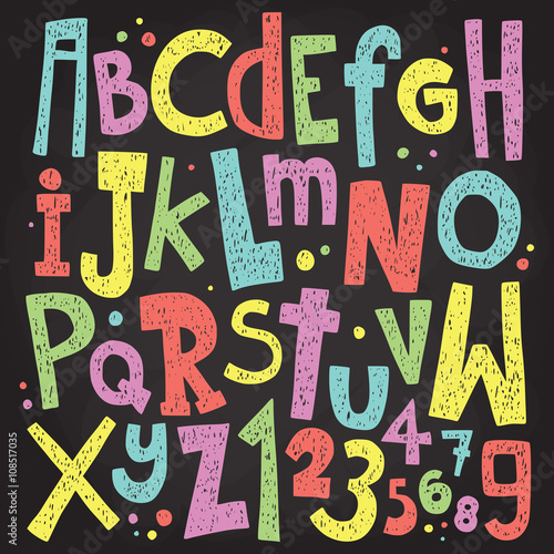 Colorful chalk board letters and numbers. Vintage grunge alphabet vector pack