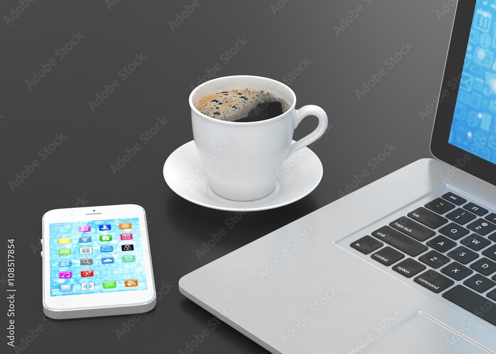 Laptop smartphone and coffee cup on black. 3d rendering. Laptop smartphone and coffee cup on black. 3d rendering.
