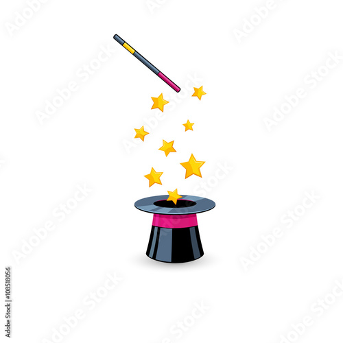 Vector flat icon of magic hat and wand. Magic trick icon isolate