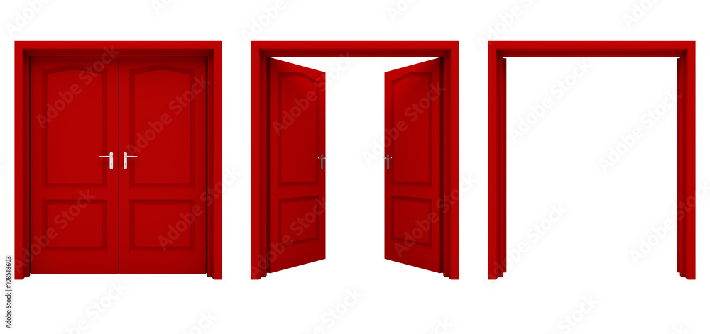 Obraz premium Open red double door isolated on a white background
