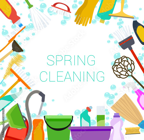 Spring cleaning supplies frame on white Tools of housecleaning