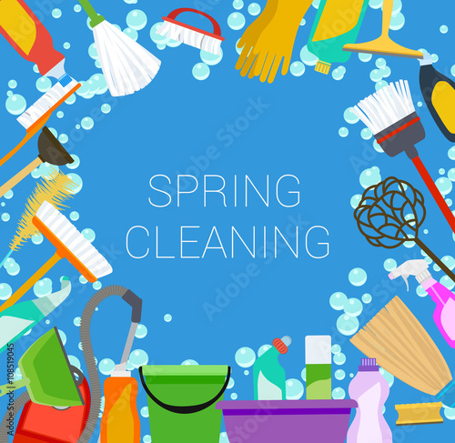 spring cleaning supplies frame, tools housecleaning background