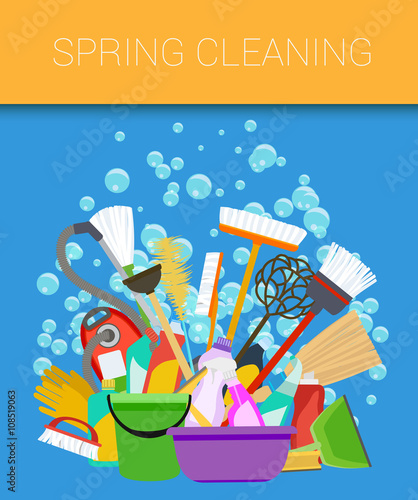 Set of cleaning supplies. Tools of housecleaning. Vector