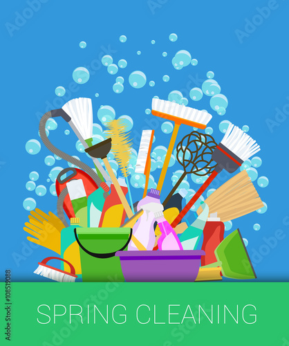 Spring cleaning background. Set of cleaning supplies. Vector