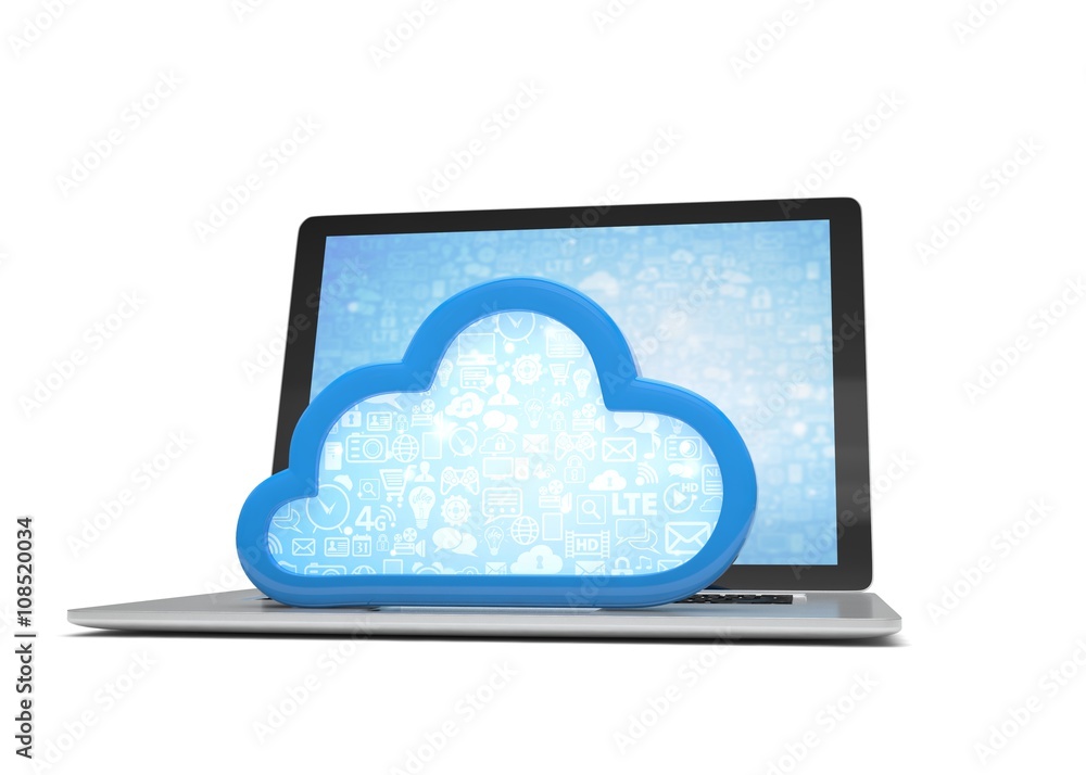 Laptop with cloud computing symbol on keyboard. 3d render Laptop with cloud computing symbol on keyboard. 3d render