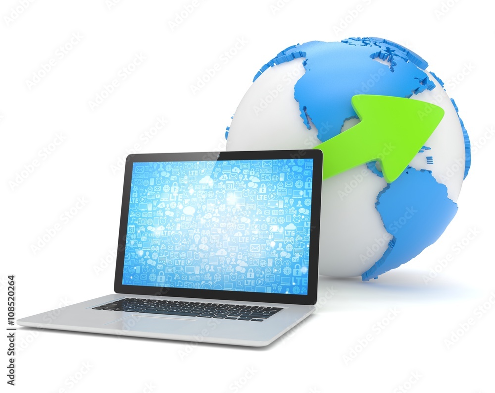 Laptop network and earth globe. 3d render Laptop network and earth globe. 3d render