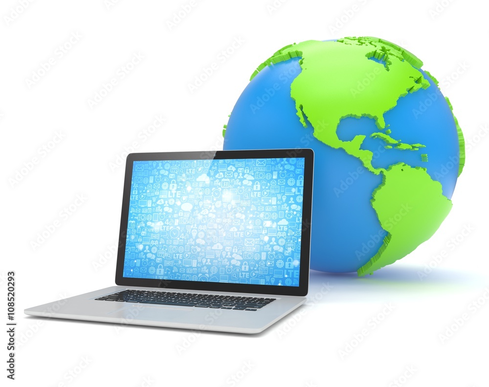 Laptop network and earth globe. 3d render Laptop network and earth globe. 3d render