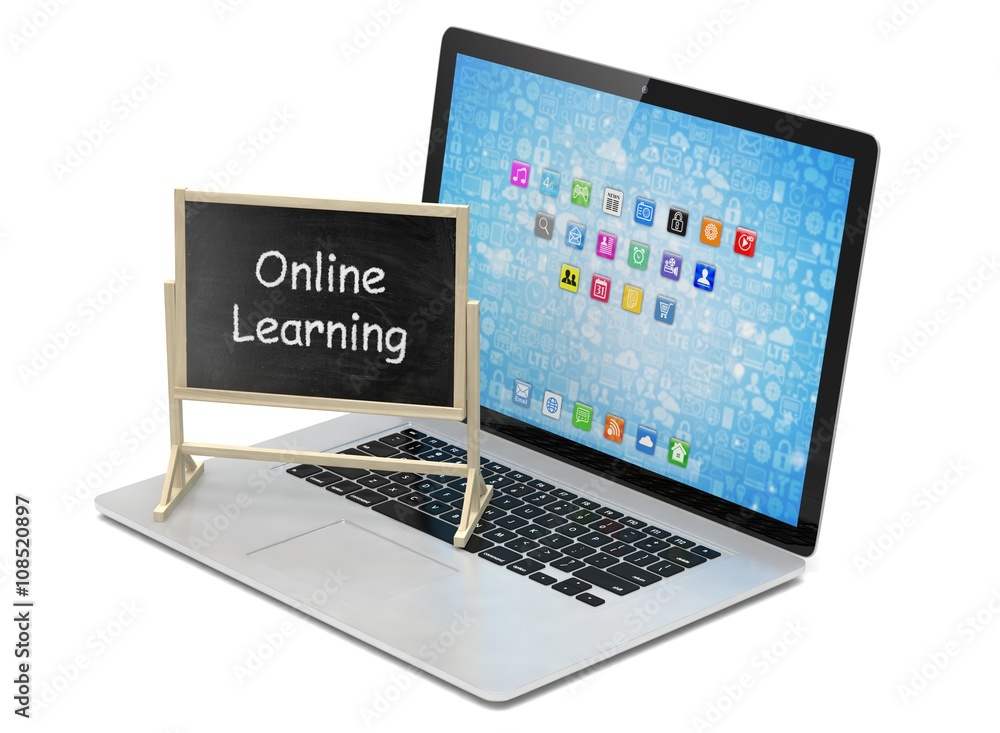 Laptop with chalkboard, online education concept. 3d rendering. Laptop with chalkboard, online education concept. 3d rendering.