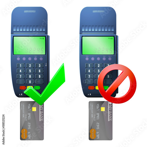Payment terminal and bank card / Two terminal to pay for goods by card (approved and blocked)