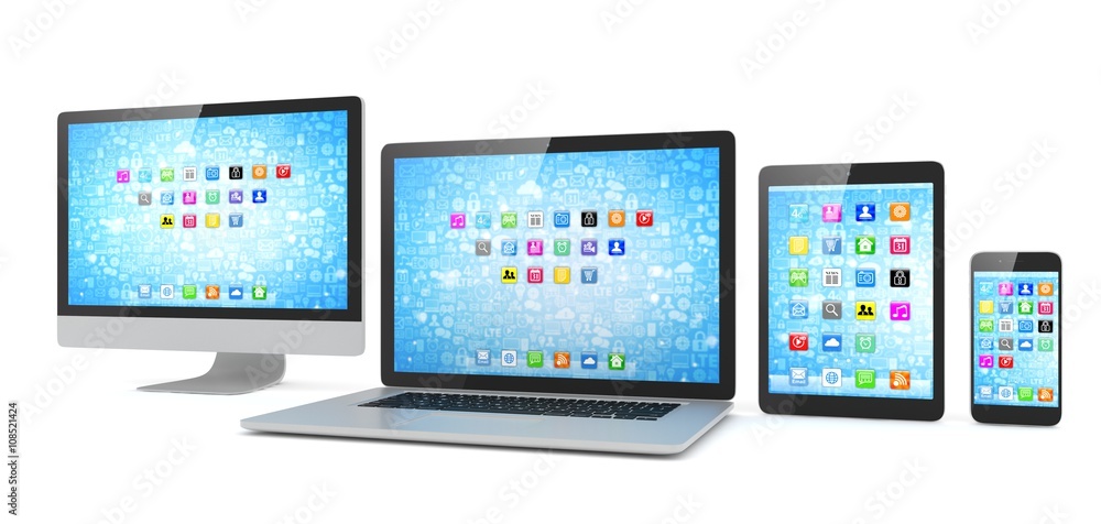 Responsive web design, laptop, smartphone, tablet, computer, display. 3d rendering. Responsive web design, laptop, smartphone, tablet, computer, display. 3d rendering.