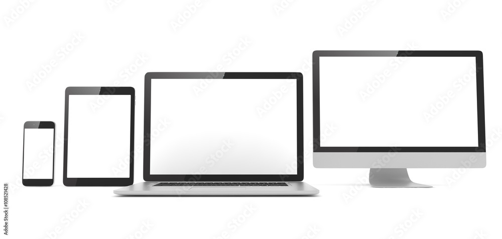 Responsive web design, laptop, smartphone, tablet, computer, display. 3d rendering. Responsive web design, laptop, smartphone, tablet, computer, display. 3d rendering.